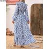 MODIQUE 2025 Summer Plus Size New Women's Loose Casual Floral Printing Waist Flowing Lace Collar Long Dress Ladies A-Line Hot Long Sleeve Dress