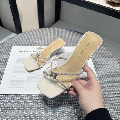 Rhinestone One-word Drag Fairy Style Sandals Female 2025 Summer New Low-heeled Transparent Fashion Temperament Crystal Heel High-heeled Shoes