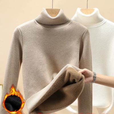 Winter Rollkragenpullover Damen Strickpullover Schlanke Oberteile Eleganter dicker Samtgefütterter warmer Pullover Jersey Strickpullover