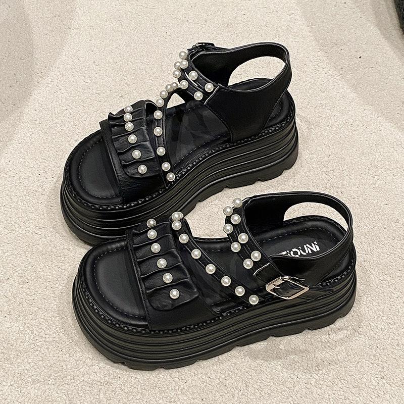Fairy Wind Thick-soled Muffin Buckle Sandals Women Wear Popular Summer New Slope Heel Beaded Muffin Bottom Cool Slippers