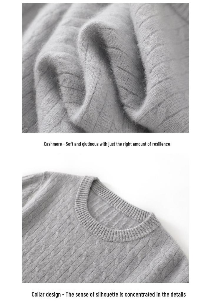 Women's Light Luxury Cashmere Sweater - Autumn/Winter Cable Knit, Round Neck, Slimming Fit, Long Sleeve.