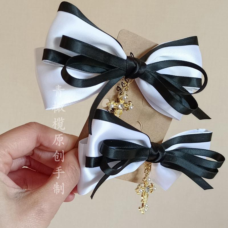 

Dark Nun Lolita Headgear Lolita Black and White Cross Hair Accessories Halloween Hairpin Top Hat Headband Flower Pills