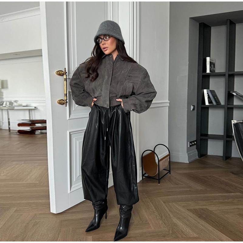 Drawstring Drawstring Lantern Leather Pants Women's Solid Color Autumn and Winter New Leather Pants Daily All-match Style Women's Pants