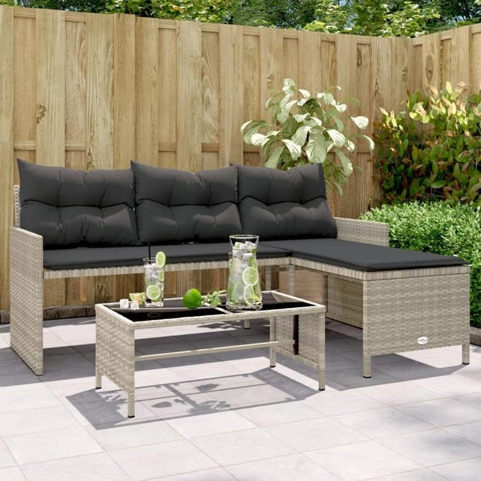 VidaXL Canapé de Jardin avec Table et Coussins en Forme de L, Siège de Patio, Meuble de Terrasse Balco Extérieur, Gris Clair 365577