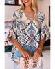 Azura Exchange White Abstract Printed Notched V Neck Split Half Sleeve Blouse