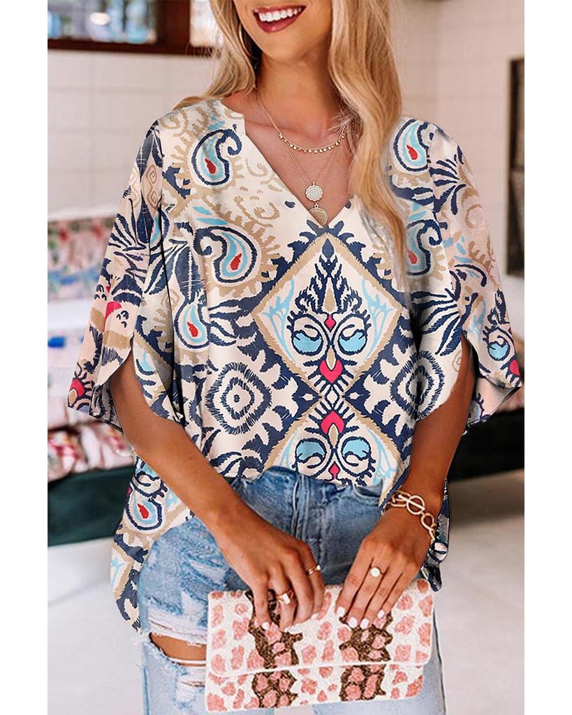 Azura Exchange White Abstract Printed Notched V Neck Split Half Sleeve Blouse