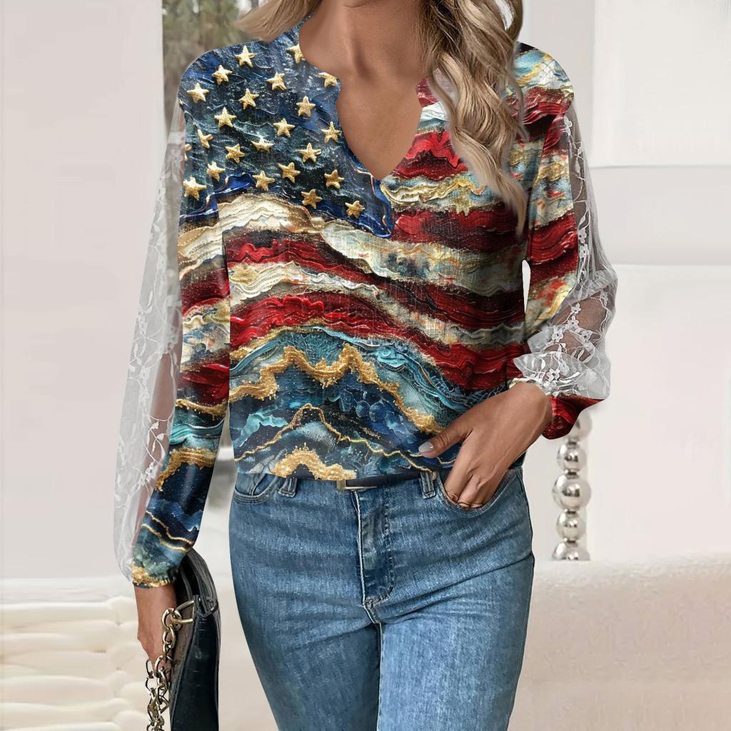 Length Sleeve Womens Tops Casual Loose Fit V-neck T Shirts Cute Print Lace Sleeve Tunic Tops