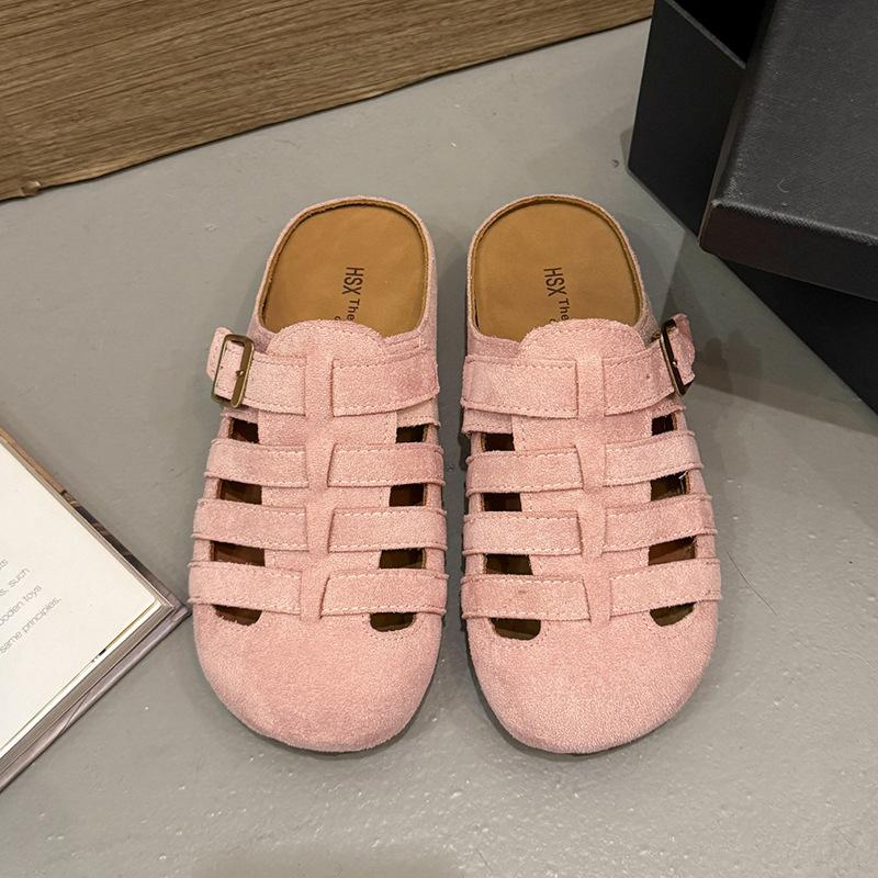 Baotou half slippers women's summer outer wear 2025 new retro woven hollow breathable comfortable flat bottom lazy sandals