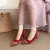 2026 New Bride Lace Stilettos High Heels Women Party Pointed Toe Mesh Shallow Pumps Luxury Design Leather Official Wedding Shoes