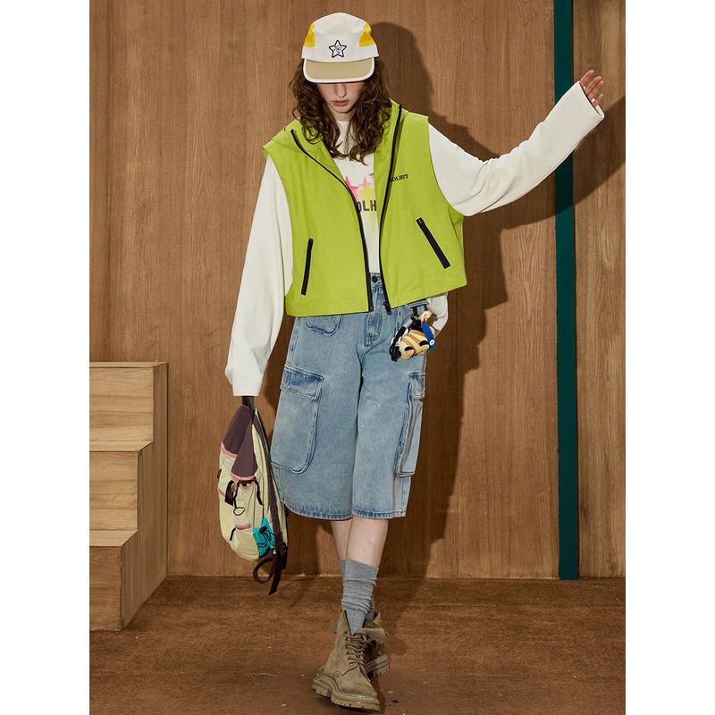 Coolhut Lemon Yellow Hooded Zipper Vest Autumn and Winter New Women's Versatile Sports and Leisure Vest