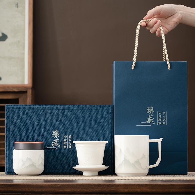 Zhenzang gift box, ink and wash Dehua white porcelain mug, household ceramic teacup with lid, personal office filter tea cup