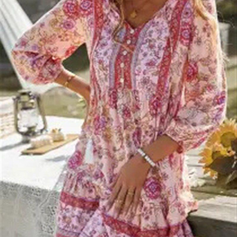 

Womens Summer New Bohemian Floral Button VNeck Tassel Dres Red S
