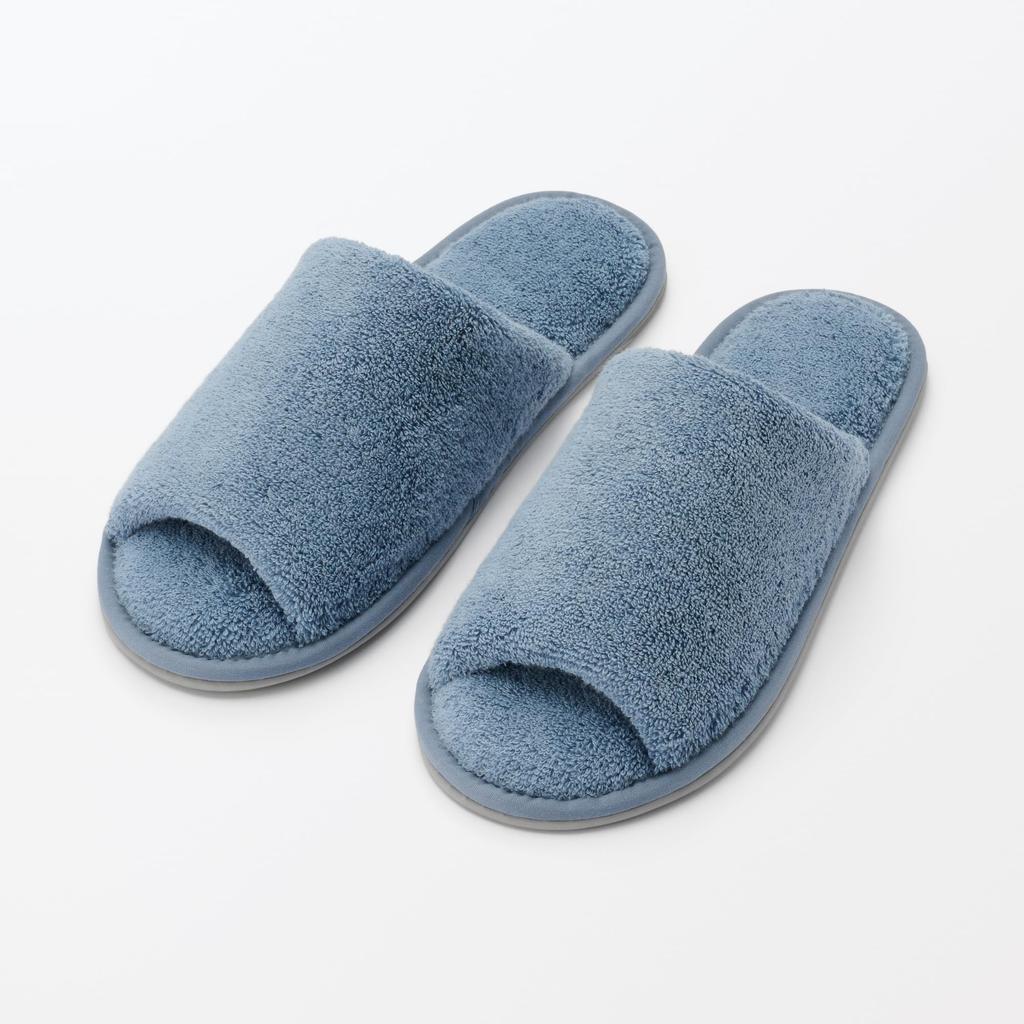 MUJI Washable Cotton Terry Open Size M 76410287 Slippers, Toe, (22.5-25cm), Blue,
