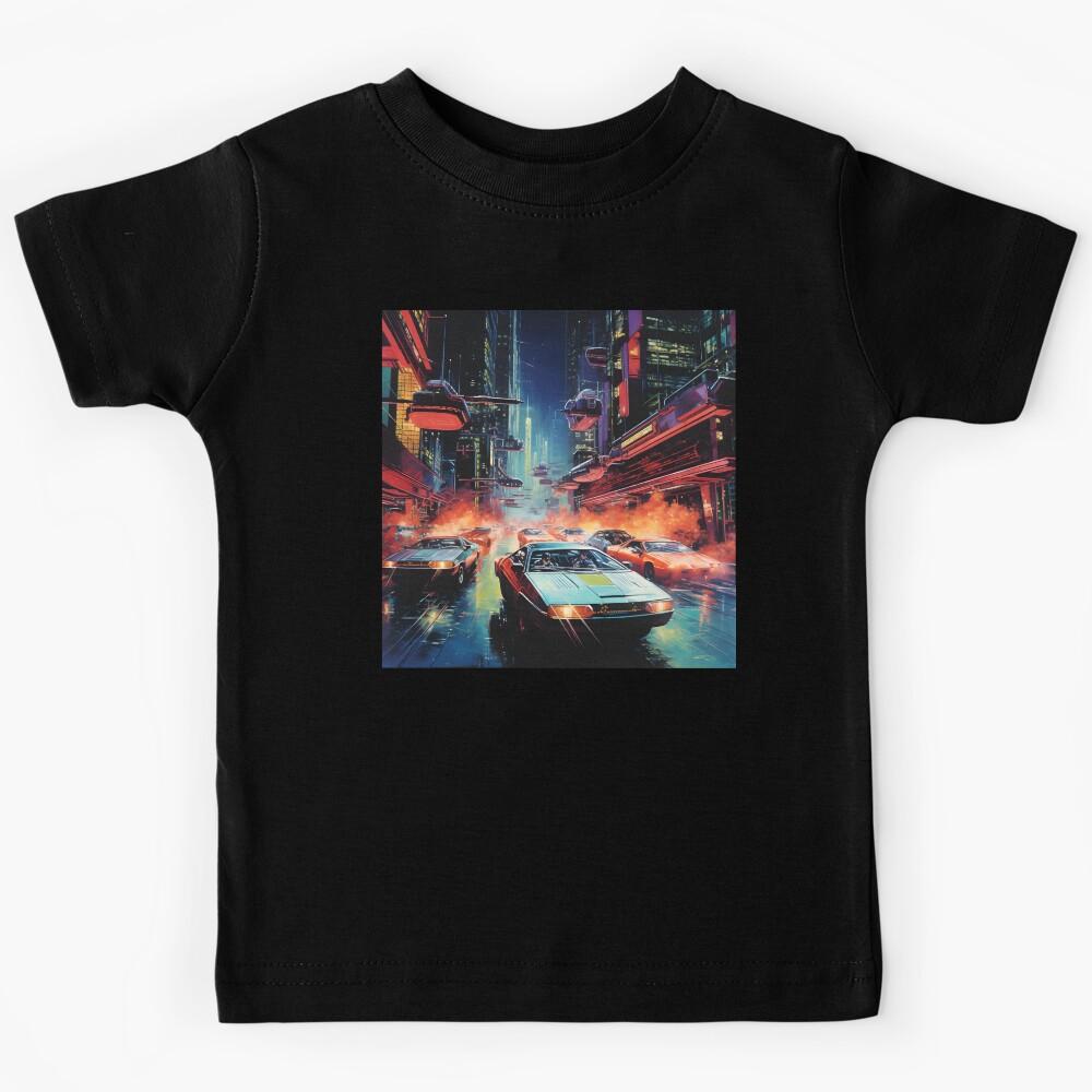 Retro Futuristic Cars in a Traffic Jam on the Streets of a Futuristic City at Night Kids T-Shirt 100