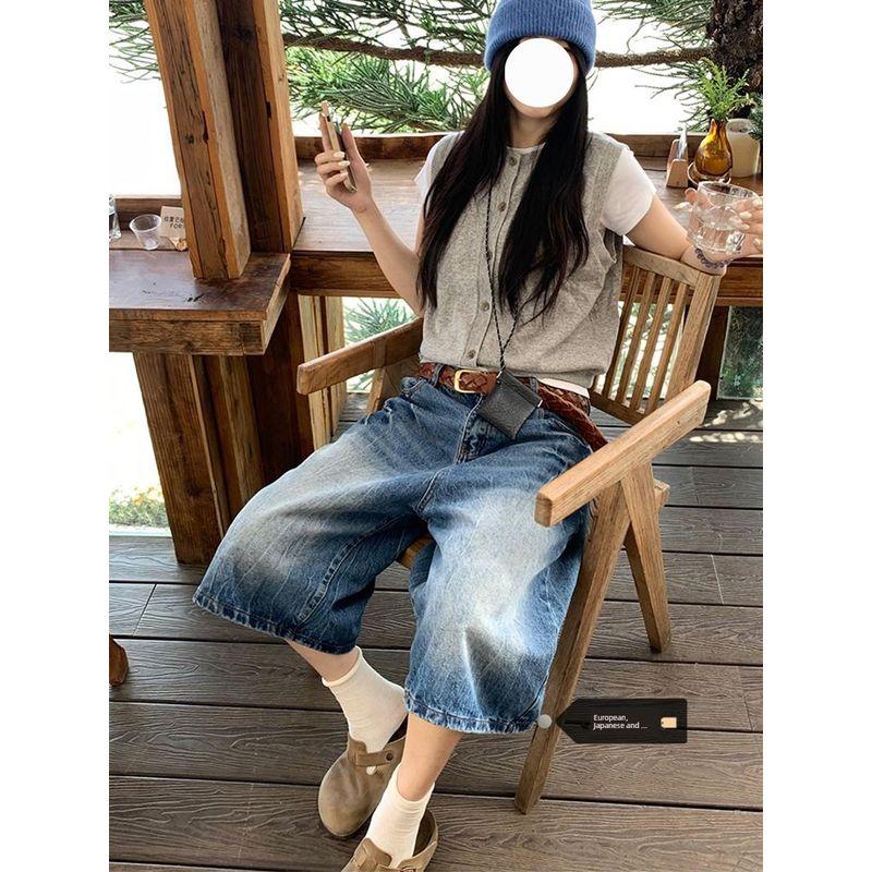 

Plus size Retro Distressed Lightning Design Sense Demin shorts Women 2025 Summer New Loose Wide Leg Cropped Pants Fashion Blue [Quality Edition]] XL
