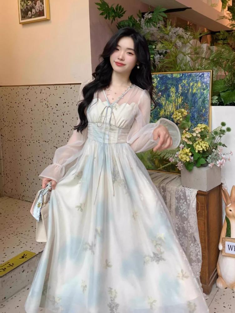 French Gentle Style Floral Dress Women Spring 2025 New High Waist Fairy Long Dresses Fashion Print Design Party Clothes
