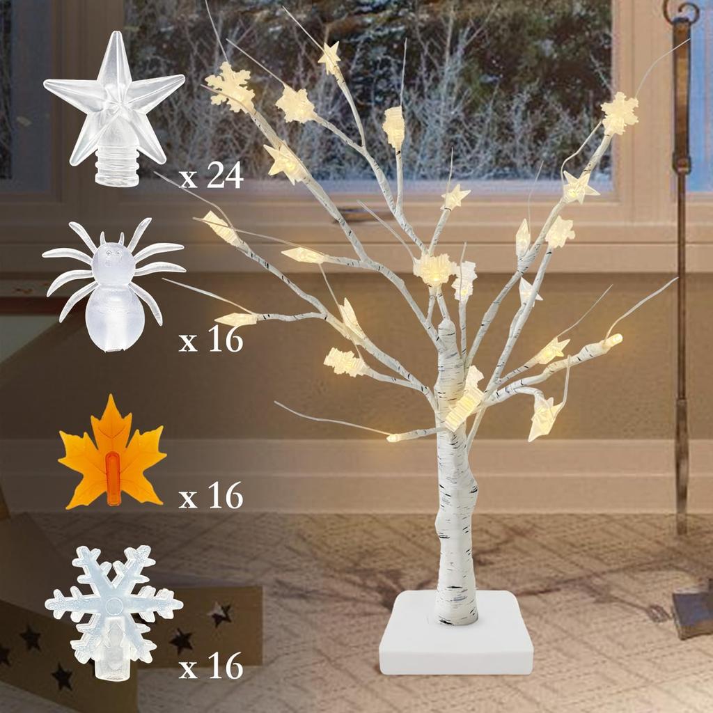2-Pack Lighted Christmas Halloween Fall Tree Decorations Indoor, 2ft Birch Tree with LED Lights, Small Tabletop Christmas Tree with Lights, Warm