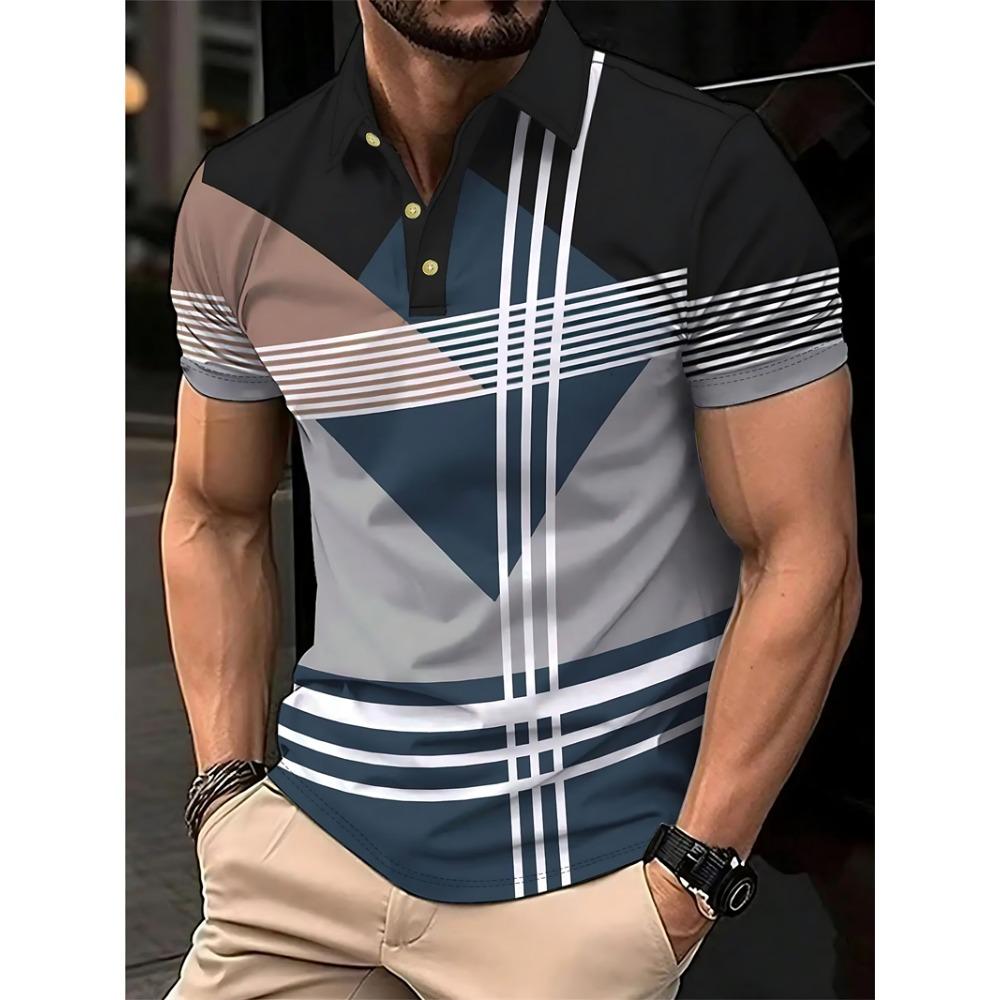 Simple Striped Polo Shirts For Men Summer Casual Short Sleeve 3D Printed Business Polo Shirt Loose Breathable Daily Wear Tees