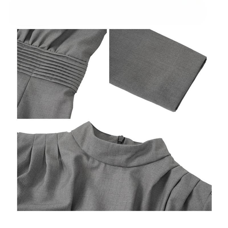 Women's Professional Dress Vintage Crew-neck Pleated Fanny Pack Hip Commuter Dress