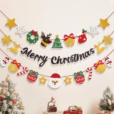 New Felt Christmas Banner Elk Design Santa Design Xmas Pull Flag Hanging Ornament Red Green Hanging Bunting Christmas Party