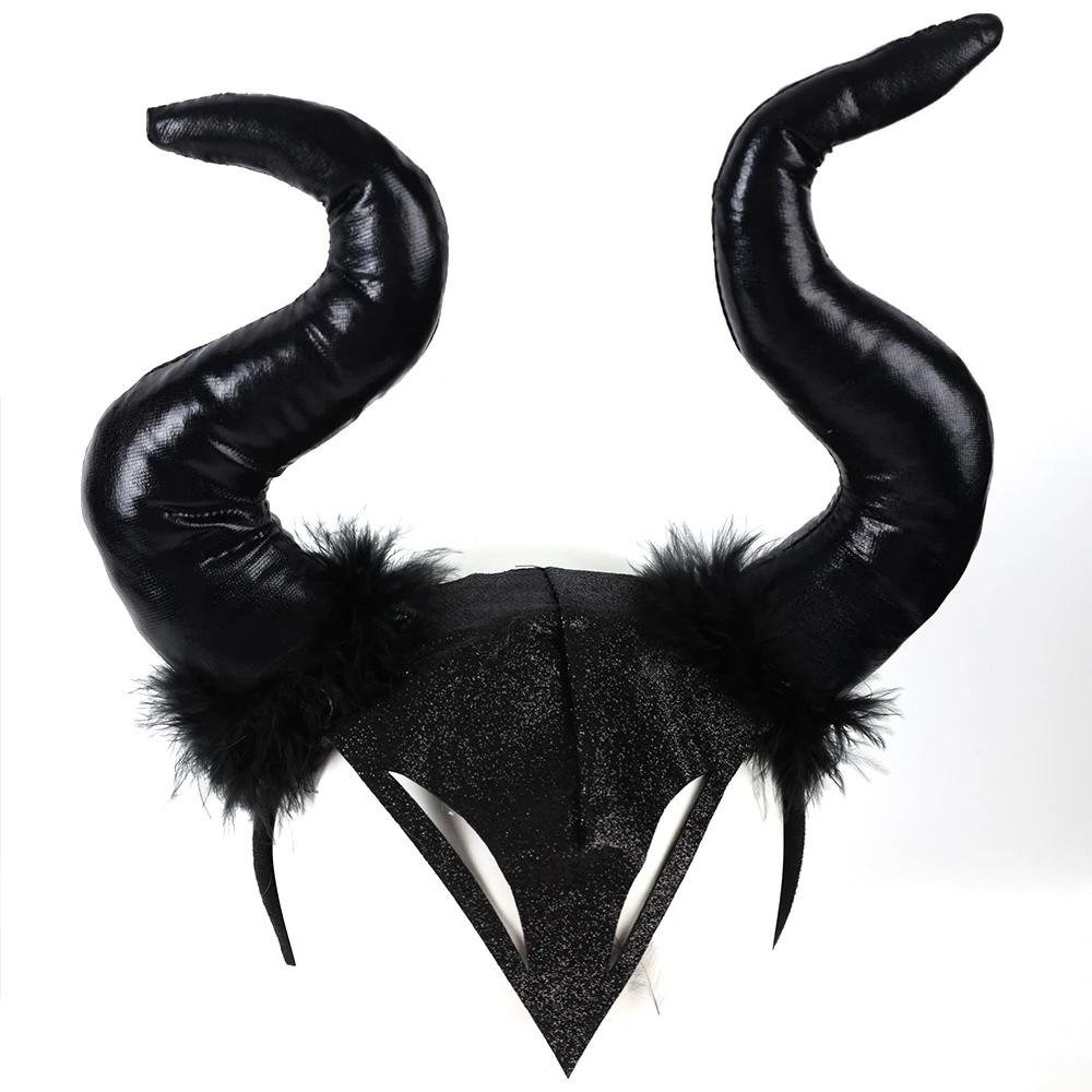 Women Halloween Long Demon Ox Horn Headband Evil Queen Glitter Hair Hoop Cosplay Costume Magic Witch Headpiece Accessory