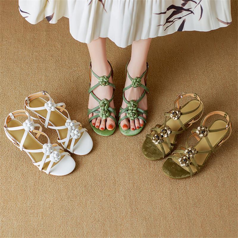 Fashion New Summer Sandals Split Leather Shoes for Women Fashion Flower Round Toe High Heels Shoes Women Ladies Shoes Zapatos De Mujer