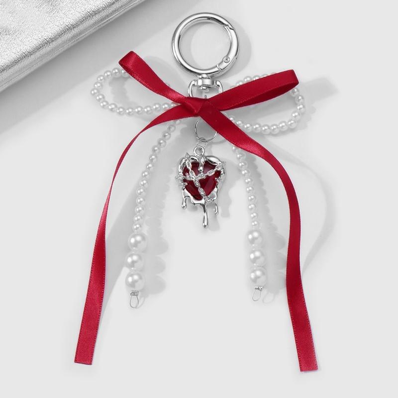 Niedlicher Perlen-Rotband-Schleifen-Schlüsselanhänger Y2K Herz-Anhänger Schlüsselanhänger-Anhänger Schöne Hängende Dekorationen für Geldbörse Tasche Rucksack Handtasche