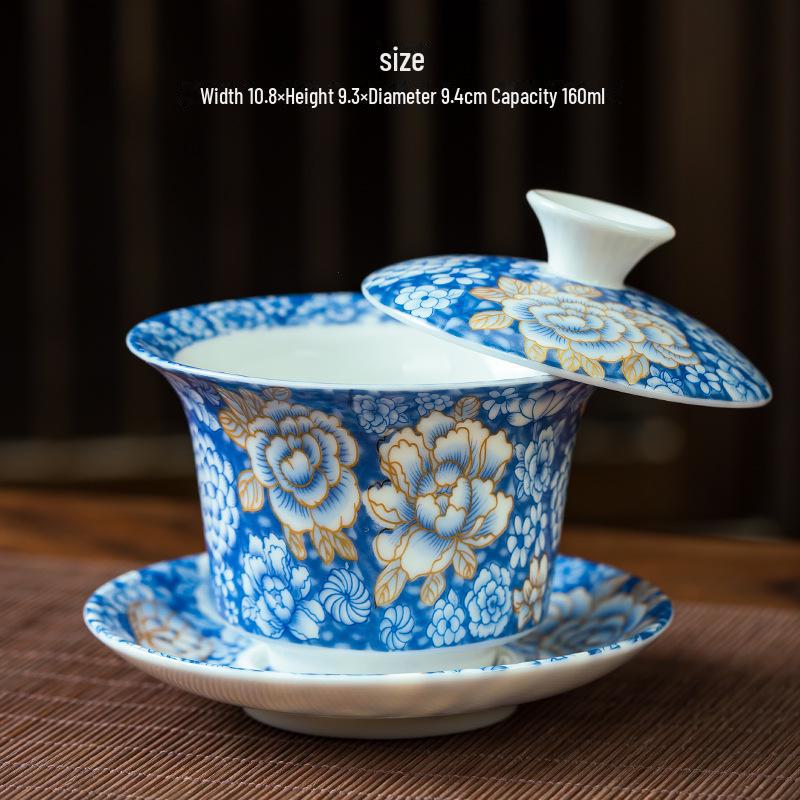 Blue & White Porcelain Covered Kung Fu Tea Bowl - Large Ceramic Sancai Household Set