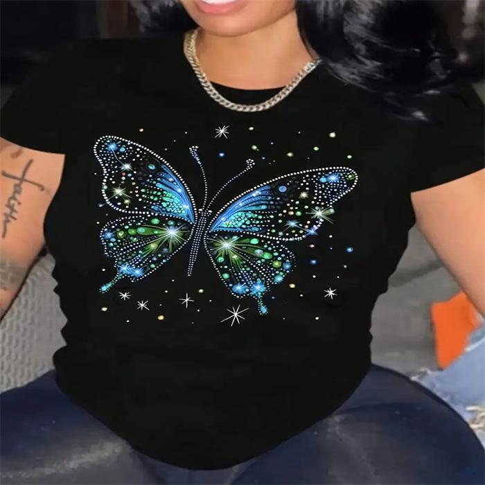 Summer Round Neck 3D Love Butterfly Print Top Fashionable Casual Short Sleeved Women's T-shirts