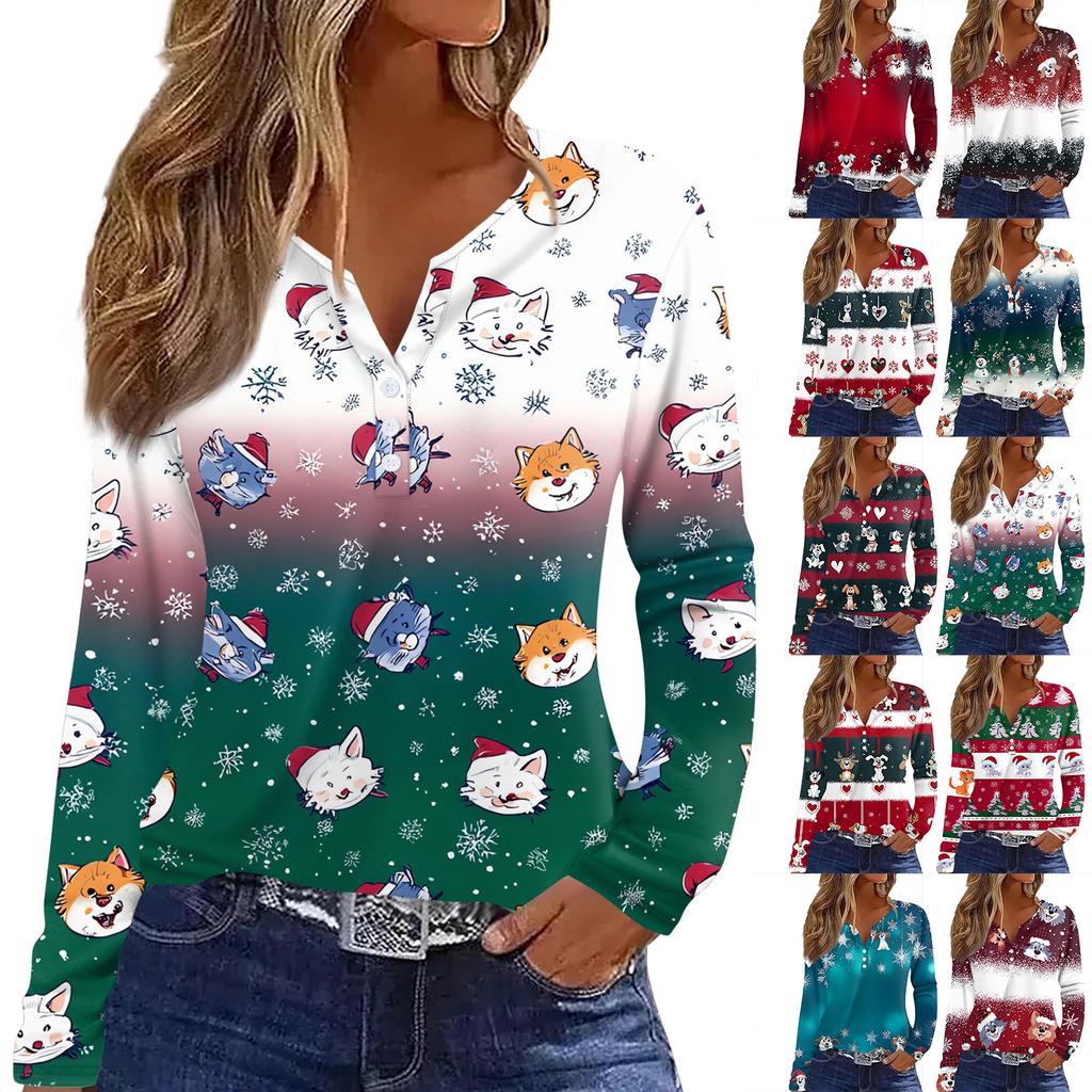 Women's T Shirt Tee Christmas Printed Button Long Sleeve Tunic Daily Weekend Fashion Basic V- Neck Regular Top