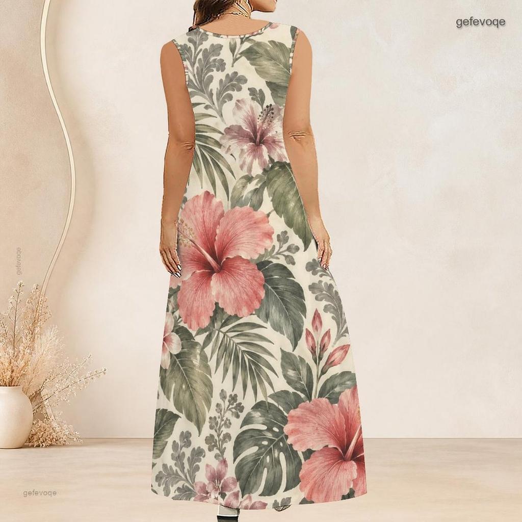Women Plus Size Scoop Neck Sleeveless Floral Printed A Line Long Dress