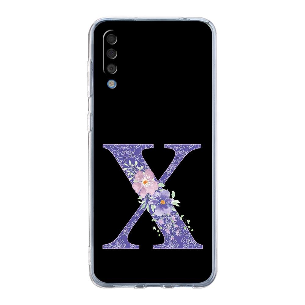Case For Samsung A56 A36 A26 A16 A14 A12 A22 A32 5G A34 A42 A52 A54 A50 A70 A40 A20E A04S A06 Cover Initial Letter Purple Flower