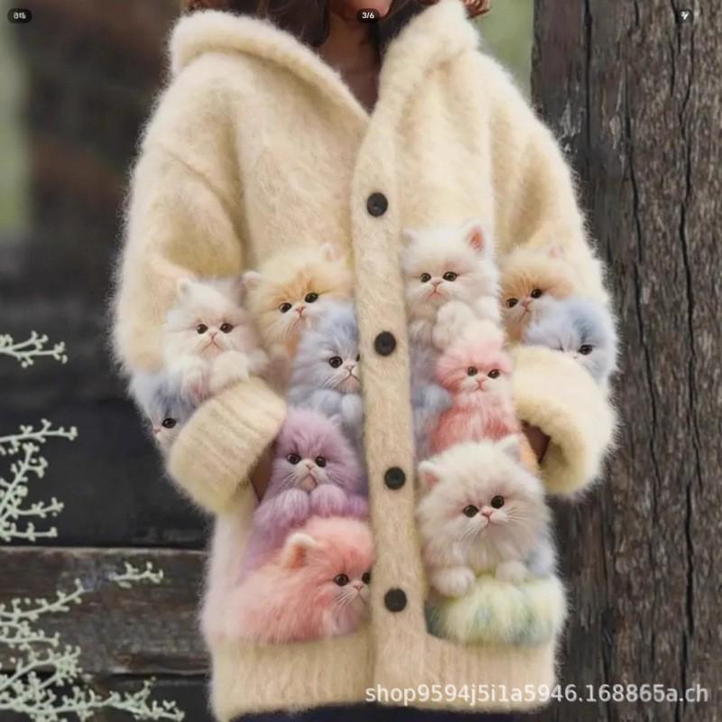 Womens 3D Cat Print Hooded Cardigan Sweater Coat Long Sleeve Thick Casual Outerwear