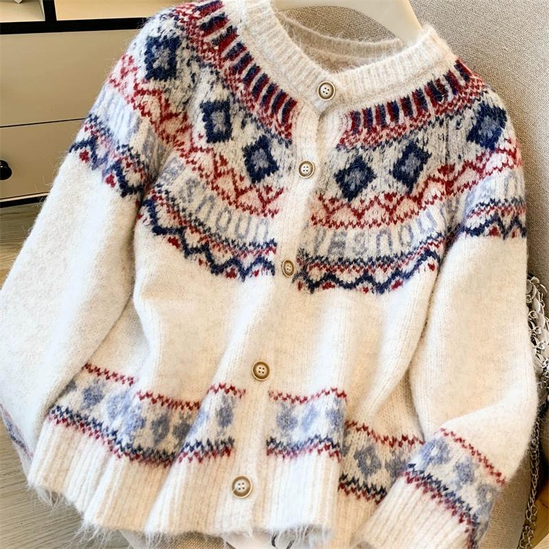 DIMANAF 2025 Autumn Sweaters Cardigan Women Pattern Printing Buttons Sweaters Knitting Loose White Sweater