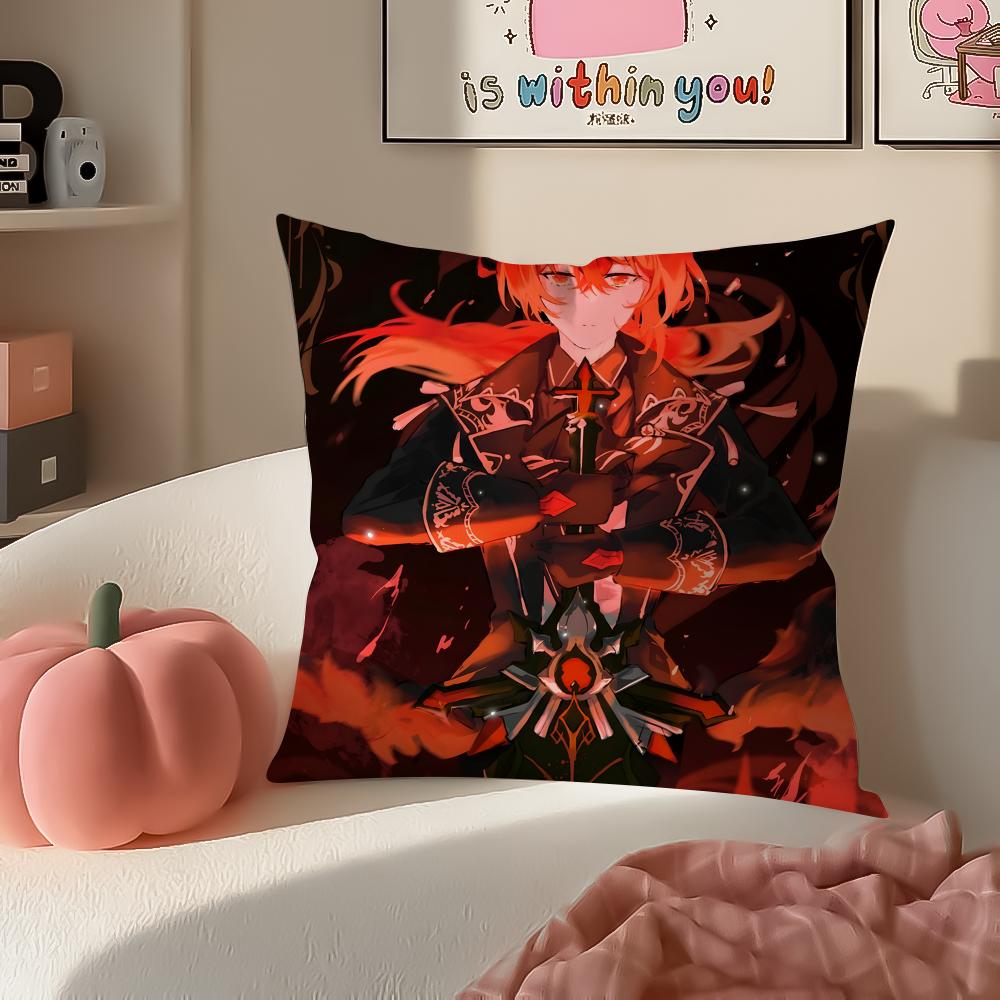 Game Genshin Diluc Cushion Cover Pillowcase Short Plush Invisible zipper Room Sofa Cushion Cover