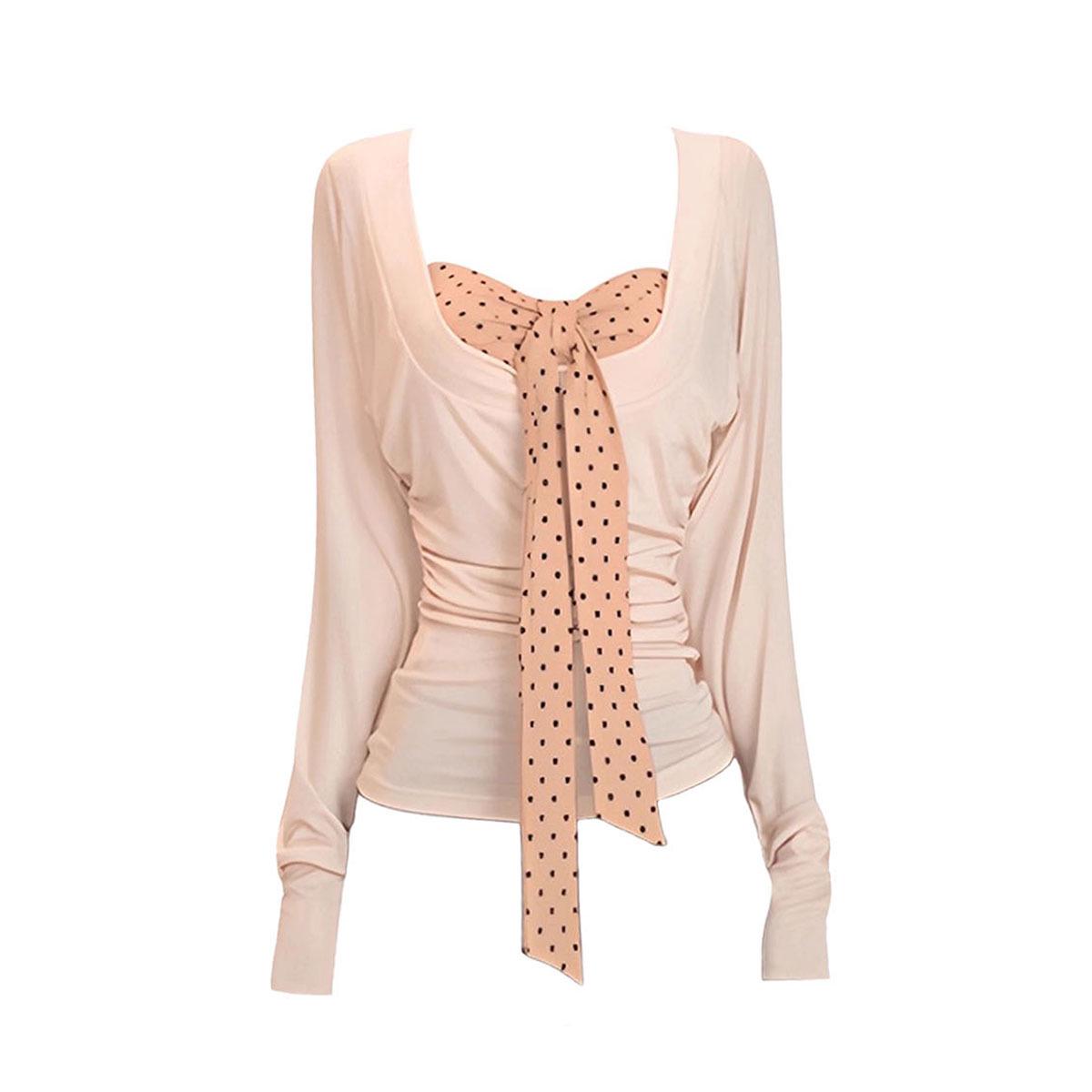 Plus-Size Polka Dot Patchwork Long-Sleeve T-Shirt: Slim Fit Autumn Design Extra Large