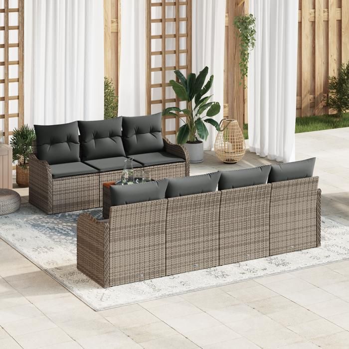 VidaXL Ensemble de Canapé de Jardin 8 Pièces avec Coussins Gris Poly Rattan Acacia 3356081