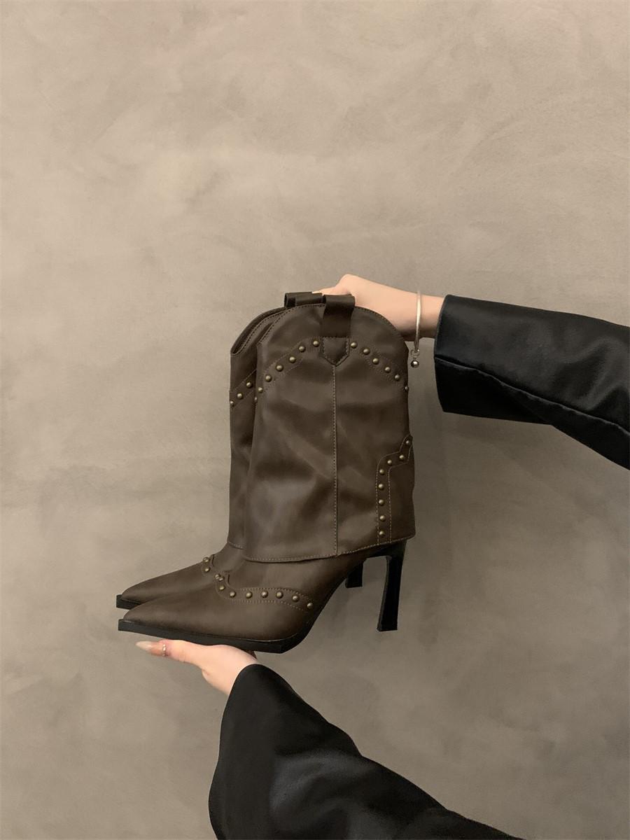 

Тонкие сапоги с острым каблуком, французские короткие сапоги, женская обувь 2024 года, новые весенне-осенние одинарные сапоги коричневого цвета, корейские маленькие голые сапоги 35