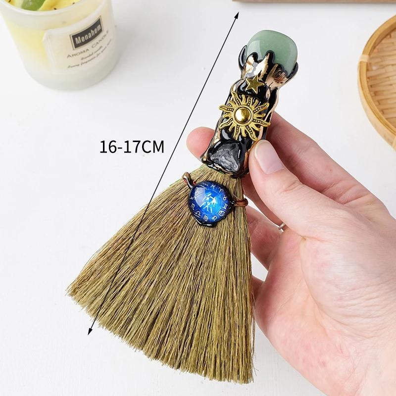 Exquisite Natural Crystal Column Point Stone Broom Handmade Mini Witch Broom Ornaments Rough Stone Broom Craft