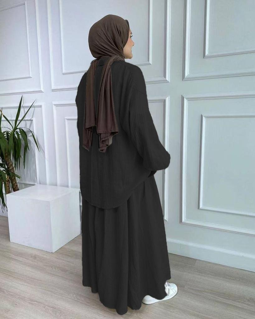In-Stock Summer Fashion: Women's Crinkled Puff Sleeve Long Sleeve Muslim Apparel Skirt Set