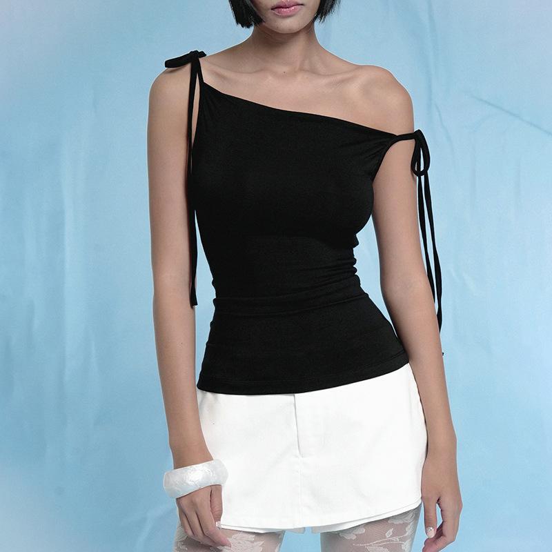 Women's summer new solid color suspender tied knot slim sexy slanted shoulder body vest women's wholesale