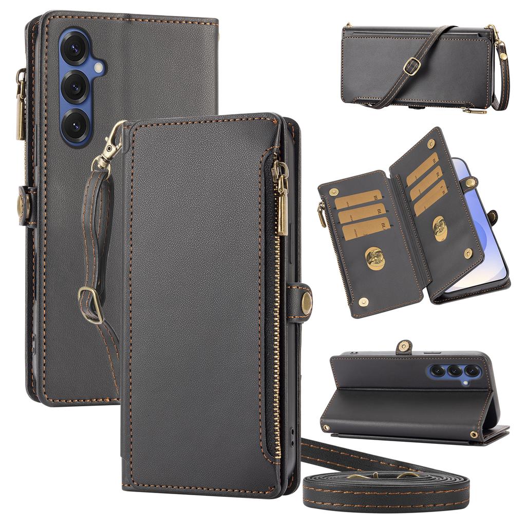 Flip Cover Protective Case for Redmi 8/9/10/11/12/13/14/15Pro with Multiple Card Slots, Crossbody Strap, Wallet Phone Case, Zipper Coin Pocket,
