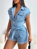 Women's European & American Fashion Lapel Pocket Denim Jumpsuit
