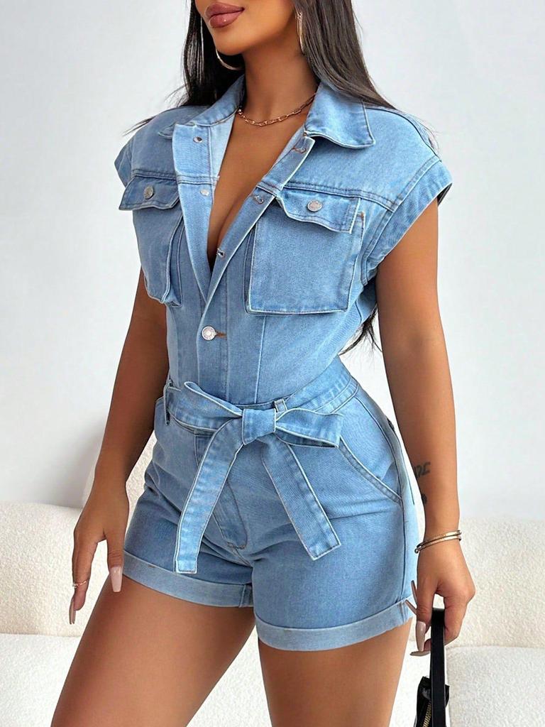 Women's European & American Fashion Lapel Pocket Denim Jumpsuit
