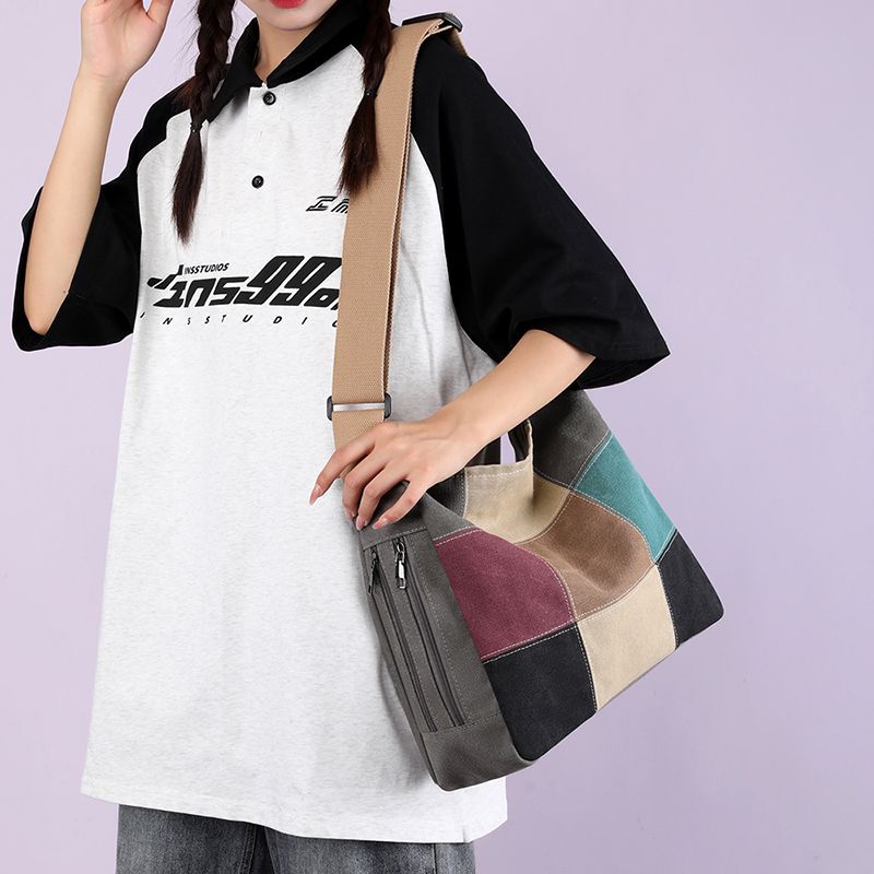 Damen Farbblock Patchwork Canvas Umhängetasche Lässige Schultertasche Mode Outdoor Einkaufen