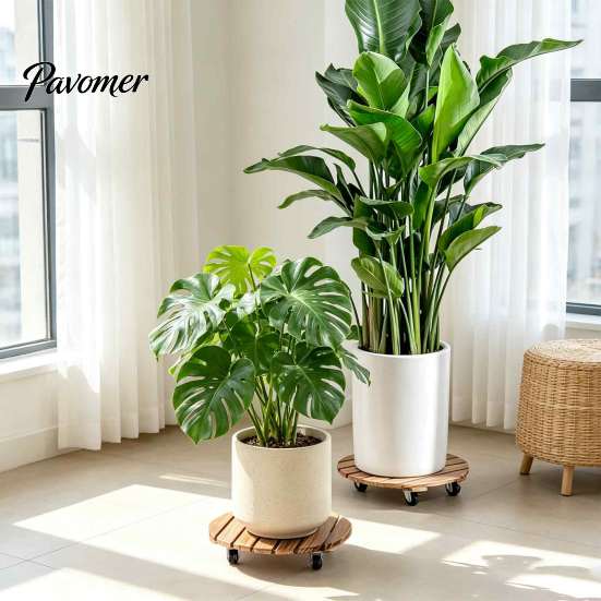 Outdoor Planter Tray with Wheels Round Wood Plant Caddy Wheels, Heavy Duty Rolling Stand Garden Pot Lockable Casters Casters, Movable Flower
