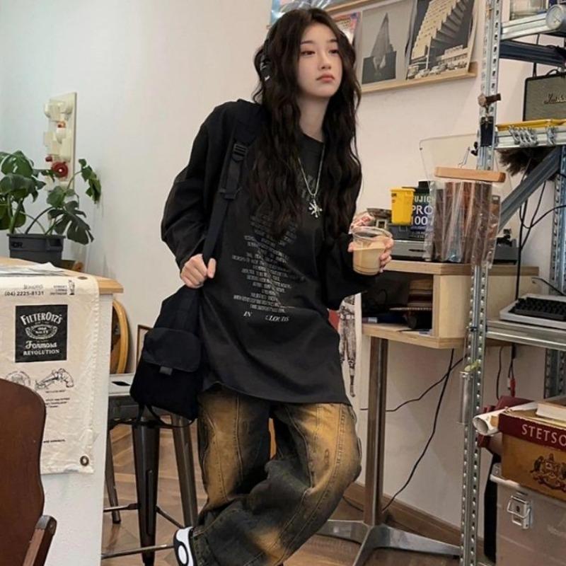 

2KWEIRD Уличная одежда Футболки с принтом букв для женщин Y2k Эстетика Свободные Осенние Футболки Хип-хоп Повседневные Черные Топы на все случаи жизни S чёрный