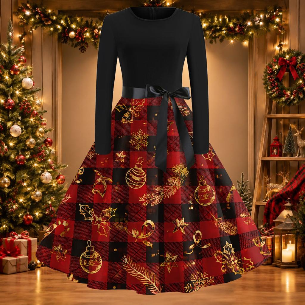 Women's Casual Christmas Print Long Sleeve Round Neck Slim Fit Flared Party Dress