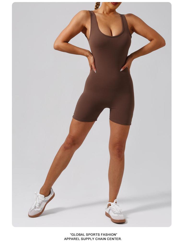 Women's Backless Slim Fit Yoga Jumpsuit - High Elastic, Hip Lifting, Square Neck, One-Piece Sports Shorts.