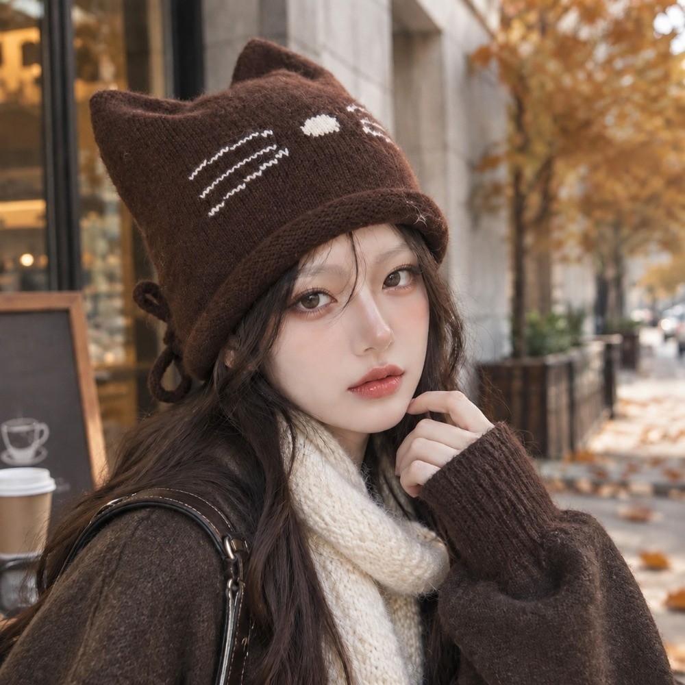 Solid Color Cat Ear Beanie Hat Keep Warm Winter Hat Fashion Knitted Skull Cap Winter